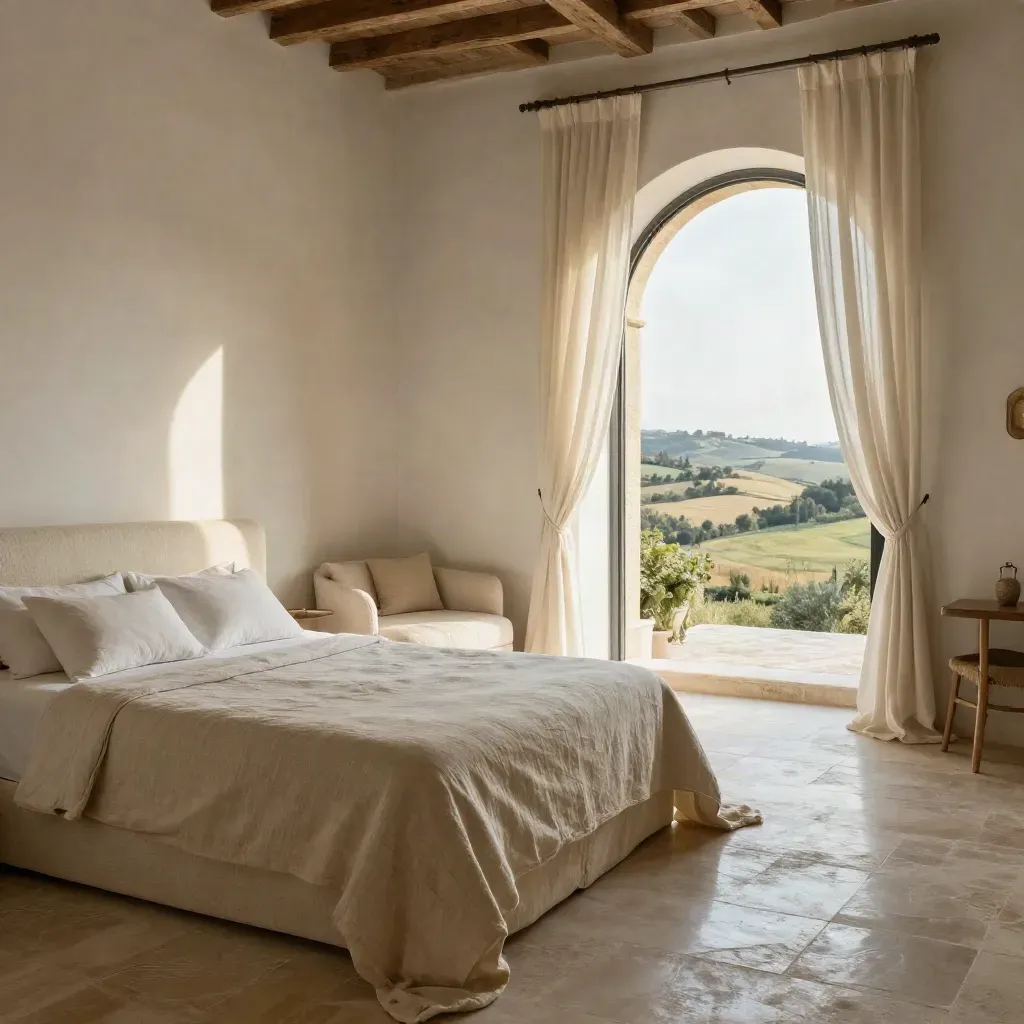 Suite panoramica luminosa con letto king, arco sulla campagna e tende leggere in pietra chiara