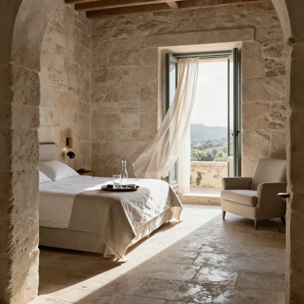 Camera di pietra con letto in lino chiaro, finestra aperta e luce del mattino