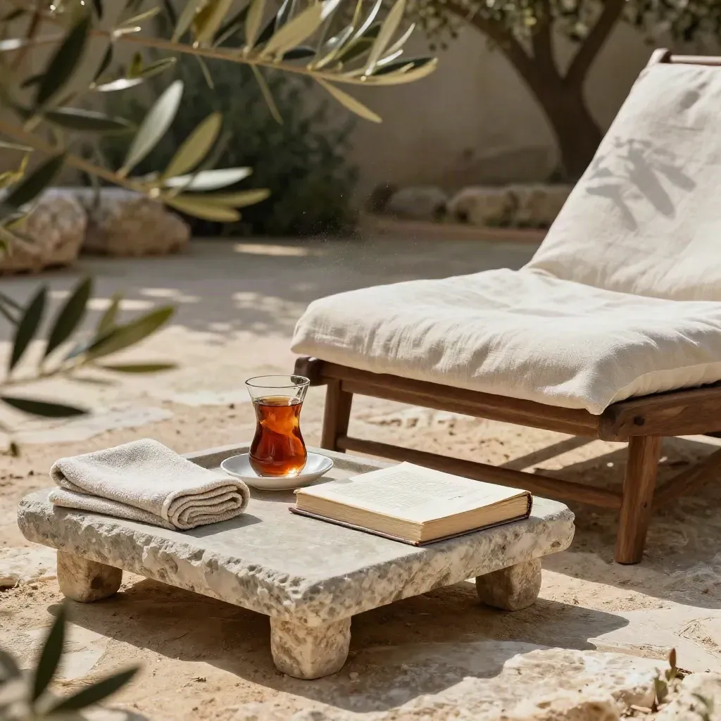 Angolo relax tra gli ulivi con chaise longue in lino, vassoio tè, telo piegato e libro chiuso.