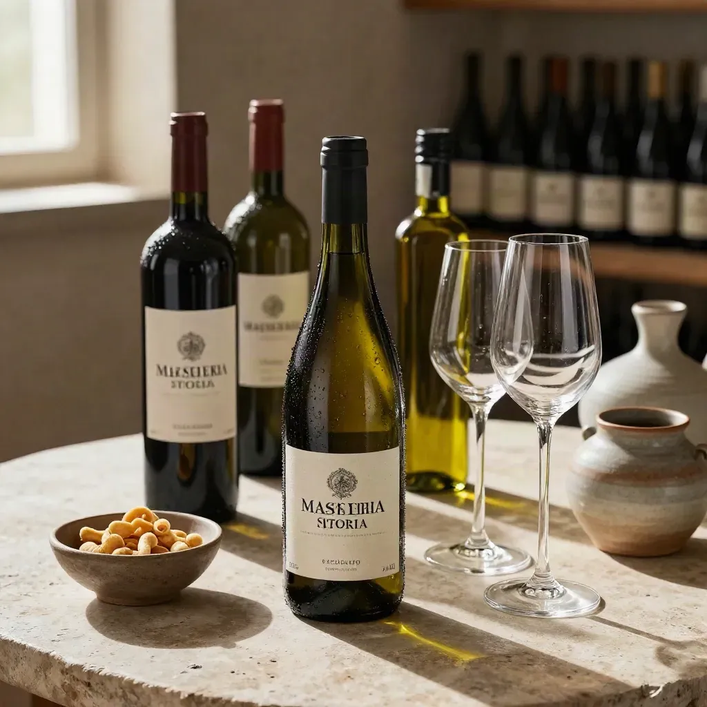 Degustazione territoriale con bottiglie, olio, bicchieri sottili, taralli e ceramiche su pietra.