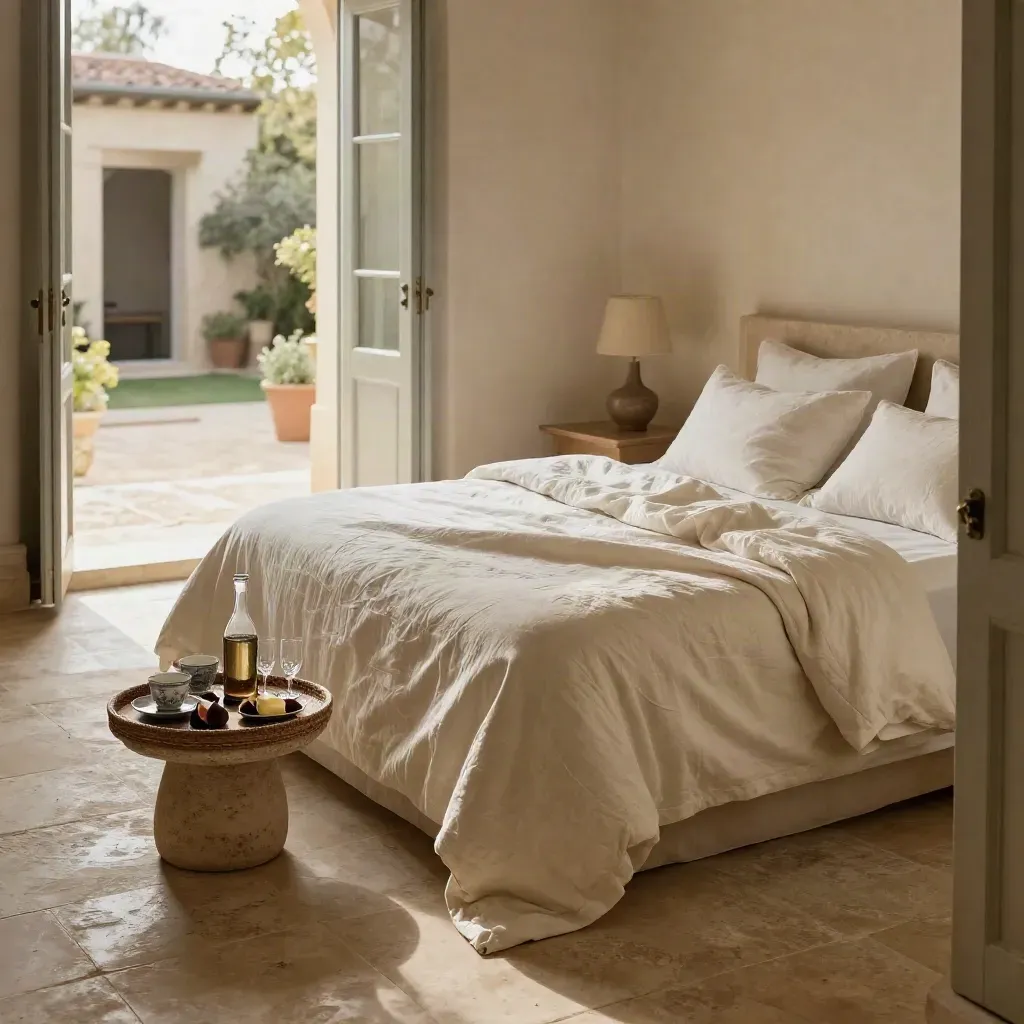 Camera per due con letto sfatto, tray colazione, bottiglia e due calici, finestre aperte sulla corte.