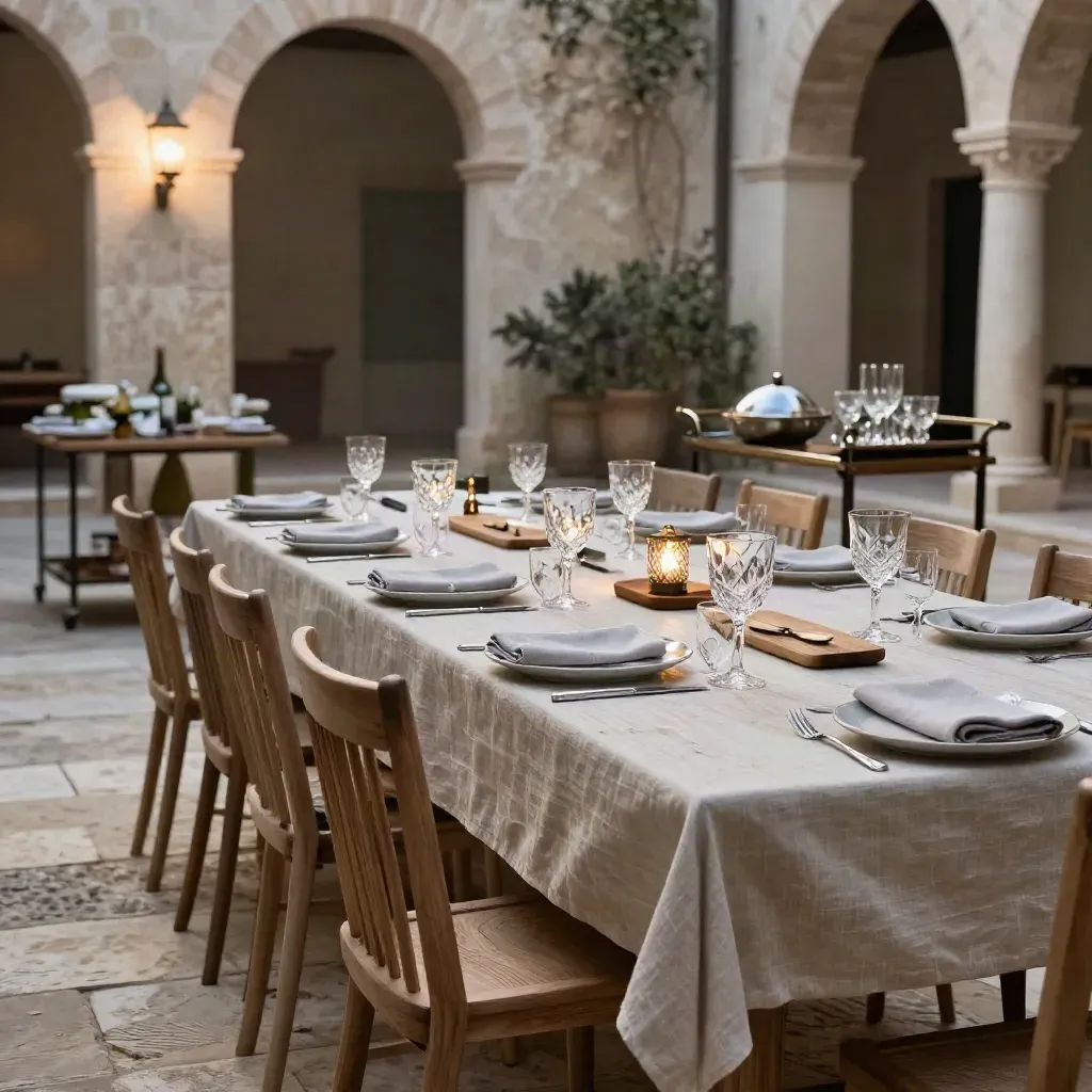 Tavola lunga allestita nella corte di Masseria Storia, con lanterne, ceramiche e servizio laterale