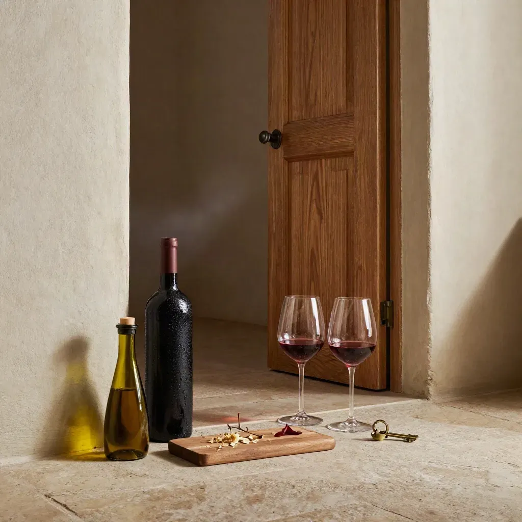 Degustazione pronta tra bottiglie, olio, bicchieri e camere socchiuse della masseria.