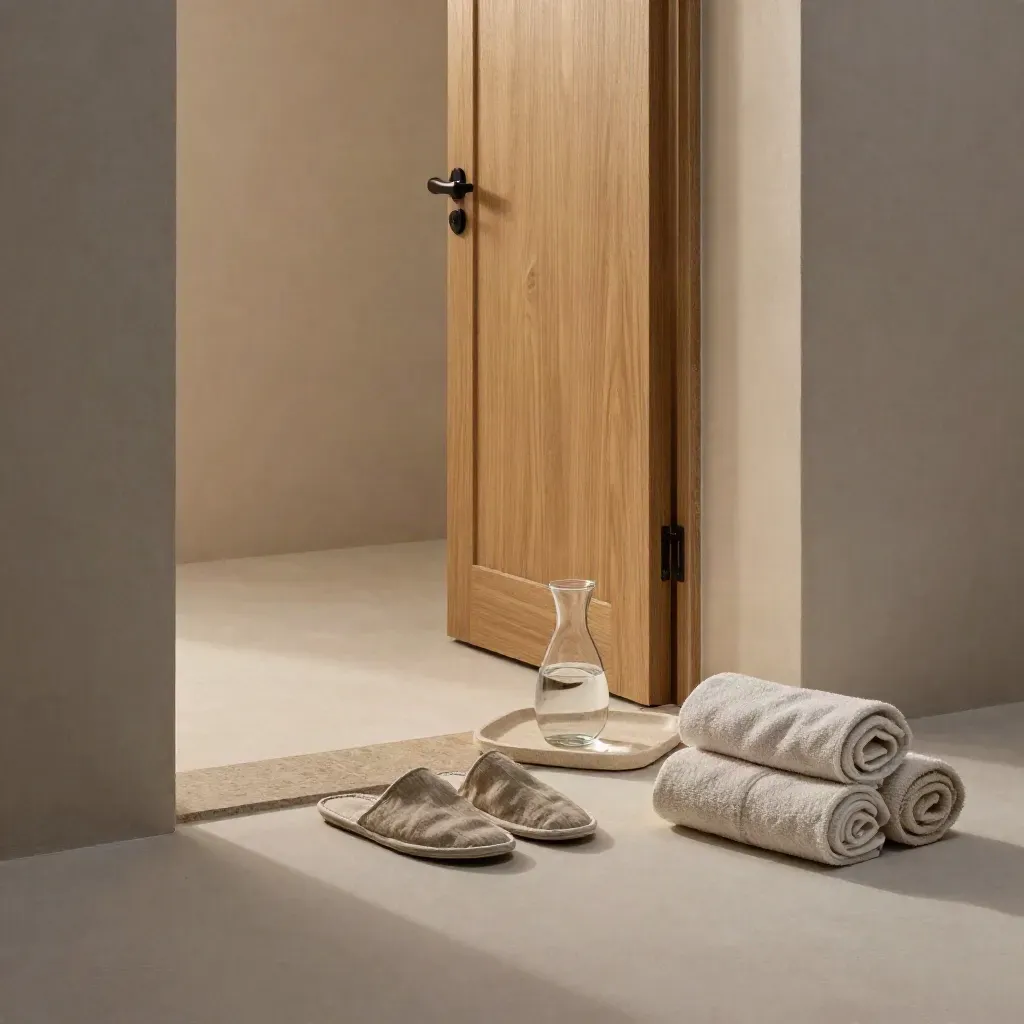 Ingresso suite con ciabatte in lino, caraffa d’acqua e asciugamani arrotolati in luce serale.