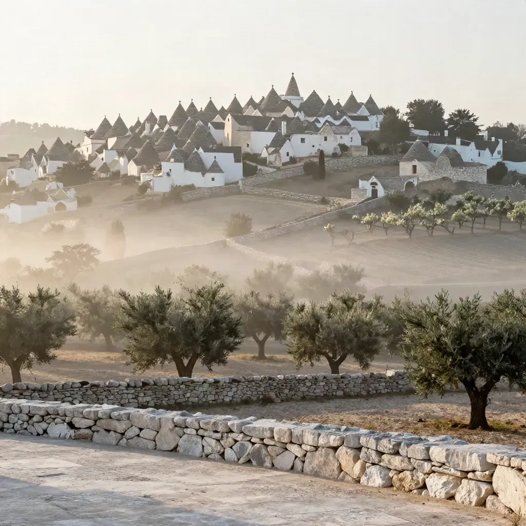 Valle d'Itria all'alba con trulli lontani, muri a secco e uliveti nella foschia.