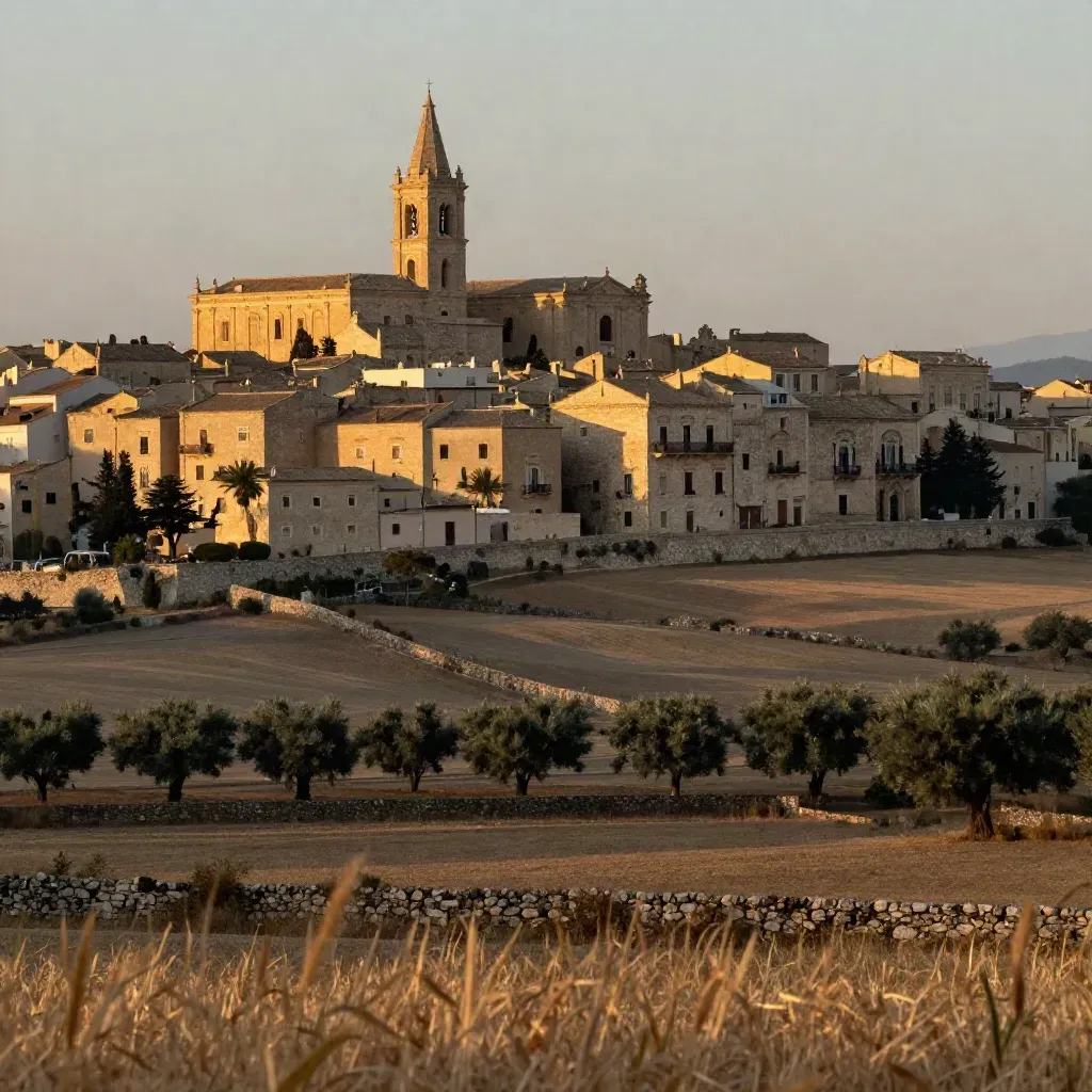 Vista dorata del Salento con centro storico barocco, campanile alto e campi quieti al tramonto.