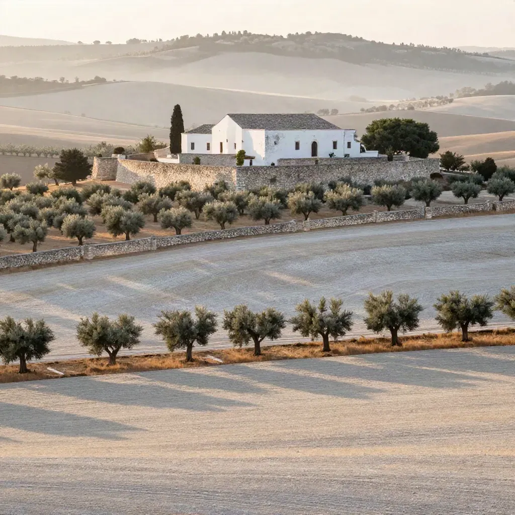 Masserie bianche e uliveti avvolti nella foschia mattutina in Puglia centrale.